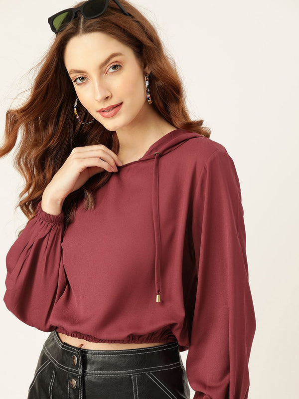 DressBerry Burgundy Hooded Solid Blouson Crop Top