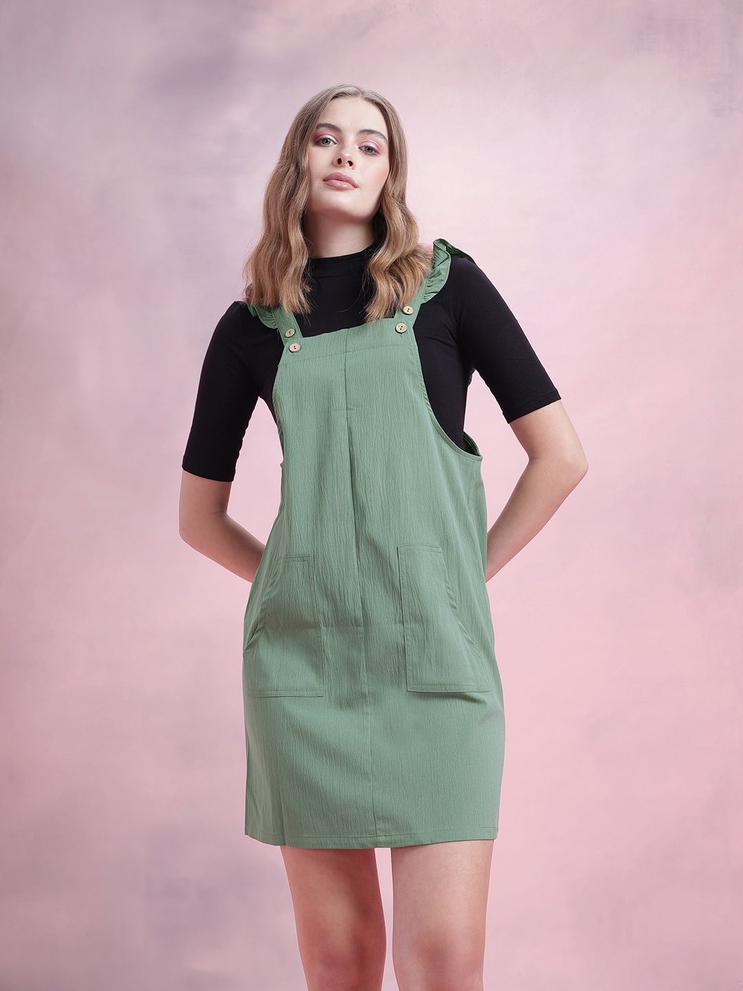 DressBerry Crinkled Effect Flutter Sleeves Pinafore Mini Dress with Pockets