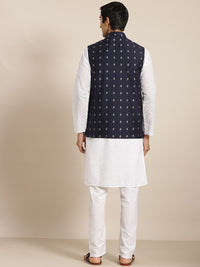 SOJANYA Men White Ethnic Motifs Chikankari Pure Cotton Kurta with Churidar & Nehru Jacket