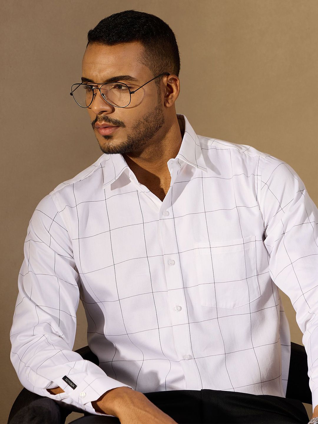 DENNISON Men Windowpane Checked Spread Collar Smart Formal Shirt