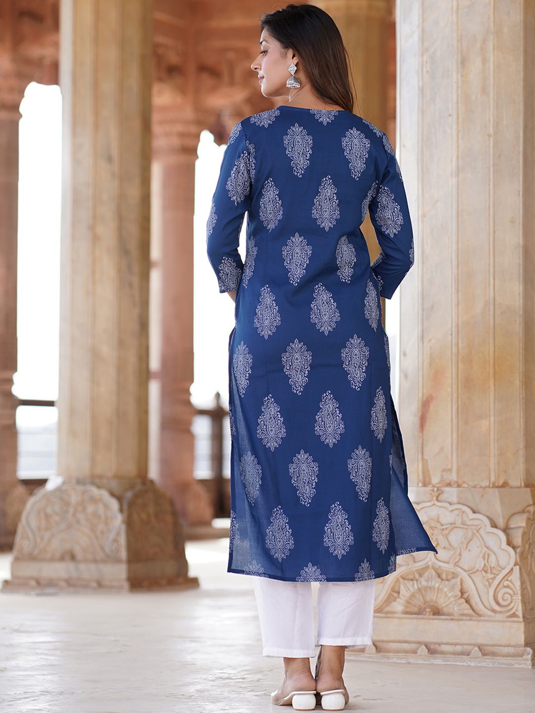 KALINI Paisley Printed Straight Kurta With Trousers & Dupatta