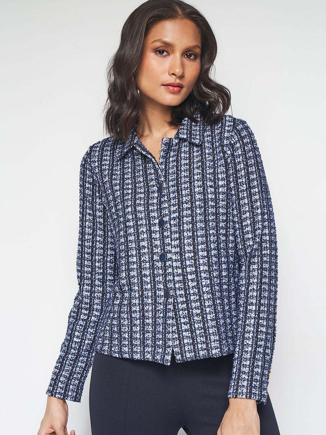 AND Self Design Spread Collar Long Sleeves Crop Tailored Jacket