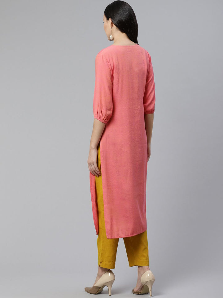 Libas Women Coral Pink & Blue Floral Embroidered Straight Kurta