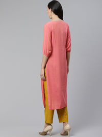 Libas Women Coral Pink & Blue Floral Embroidered Straight Kurta