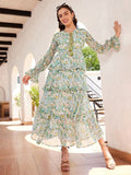 STREET 9 Tropical Printed Puffed Sleeves Layered Georgette A-Line Maxi Dress