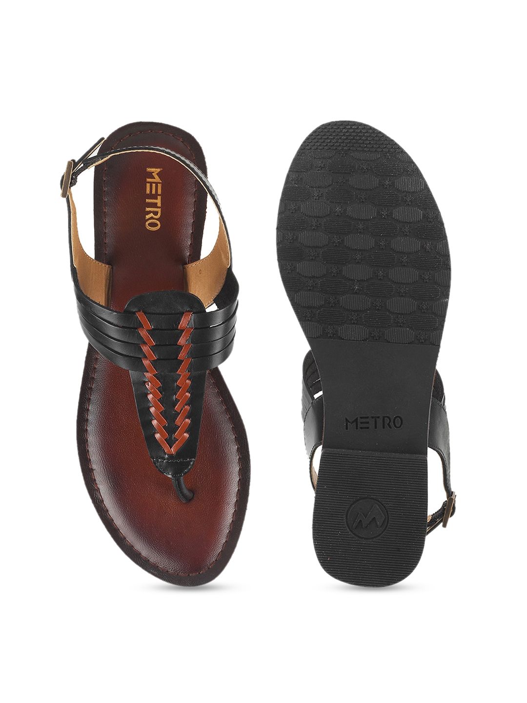 Metro Braided Leather T-Strap Flats With Buckle Closure
