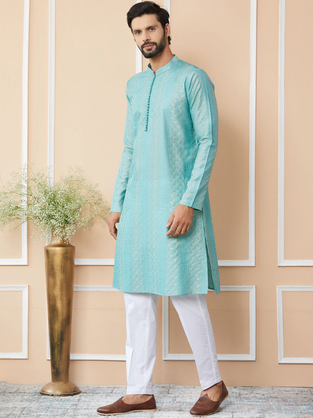 See Designs Mandarin Collar Ethnic Motifs Thread Work Chanderi Silk Kurta