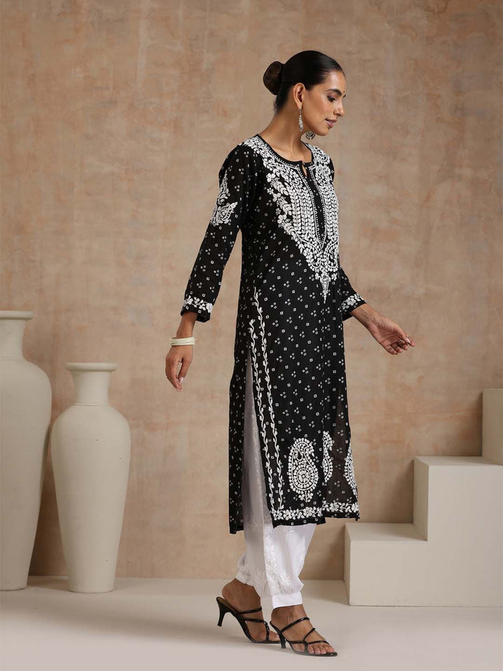 House of Chikankari Women Black Mulmul Chikankari Embroidered Kurta