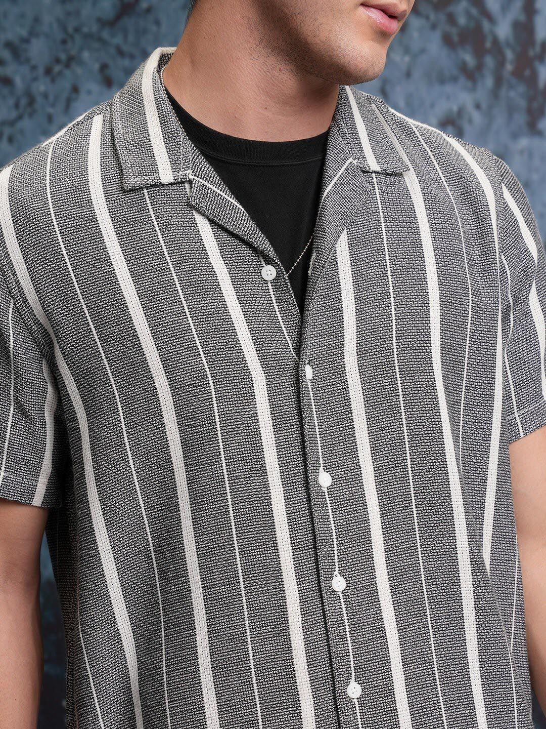 LOCOMOTIVE Premium Mock Lino Dobby Textured Striper Camp Collar Shirt