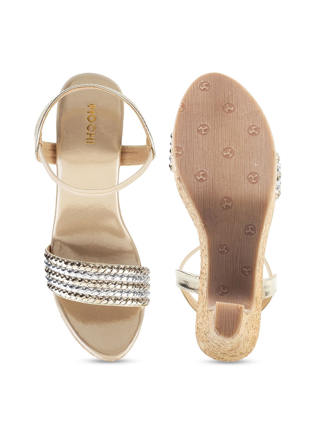 Mochi Gold-Toned Woven Design Block Heels