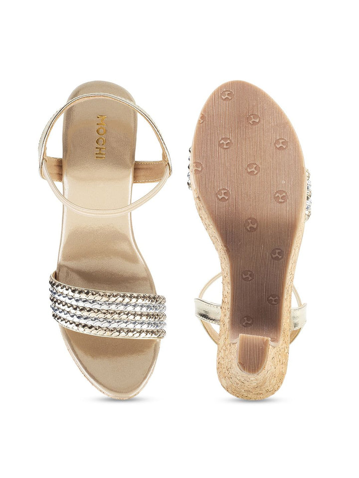 Mochi Gold-Toned Woven Design Block Heels