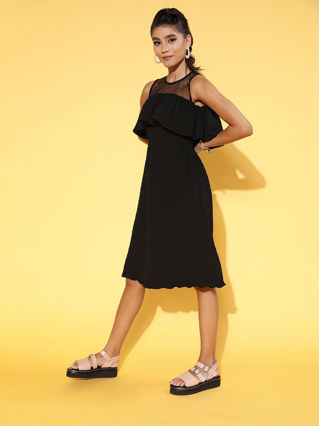 Athena Women Stylish Black Solid Feminine Frills Dress