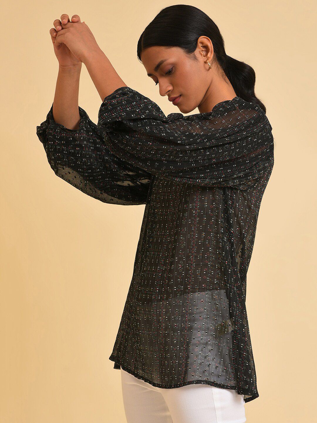 W Black Self Design Puff Sleeves Top