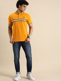 Menjadi Lelaki Pakaian Manusia Mustard Yellow Striped Polo Collar T-Shirt Kapas Tulen