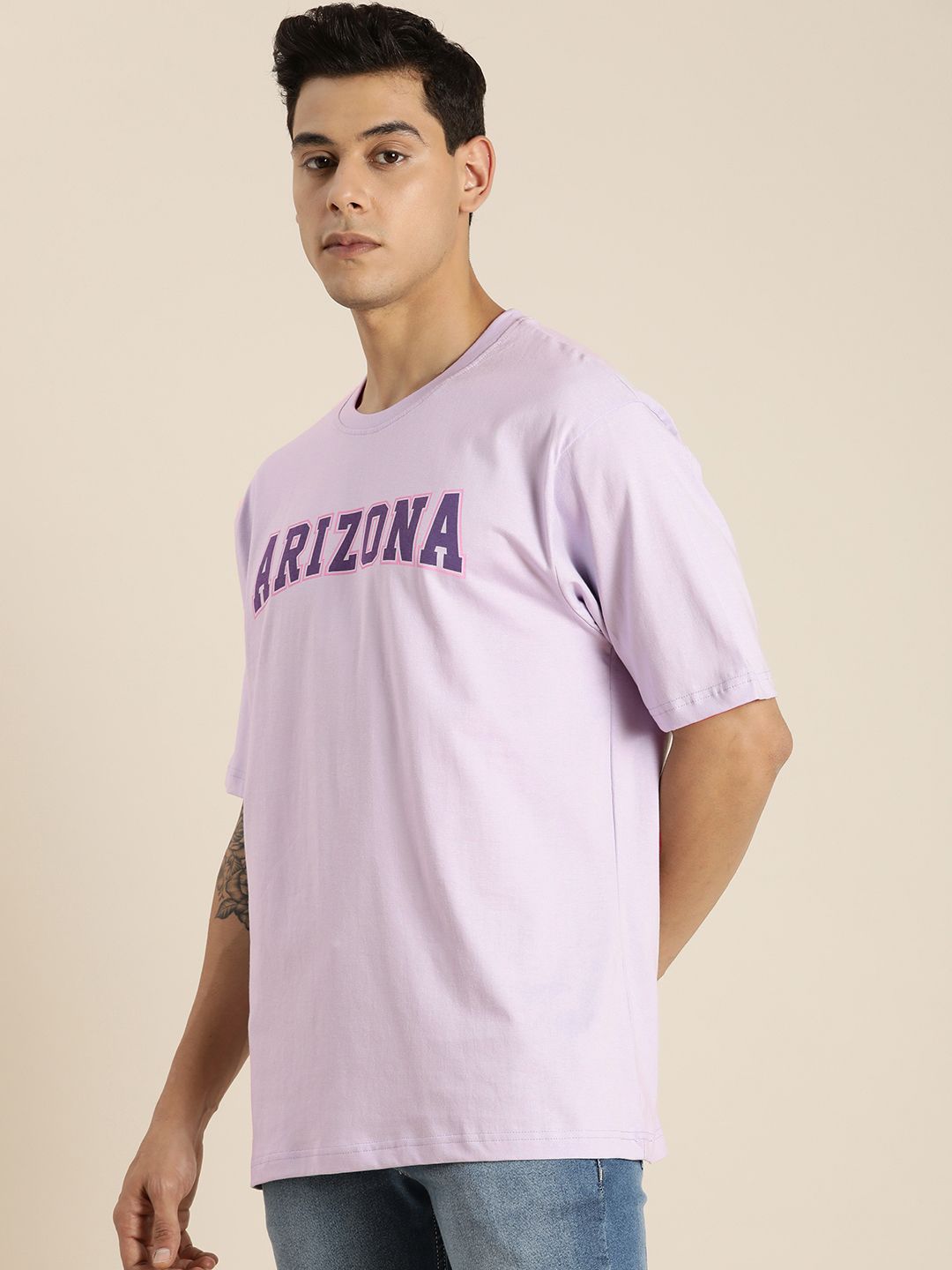 DILLINGER Men Lavender Printed Drop-Shoulder Sleeves Pure Cotton Oversized  T-shirt