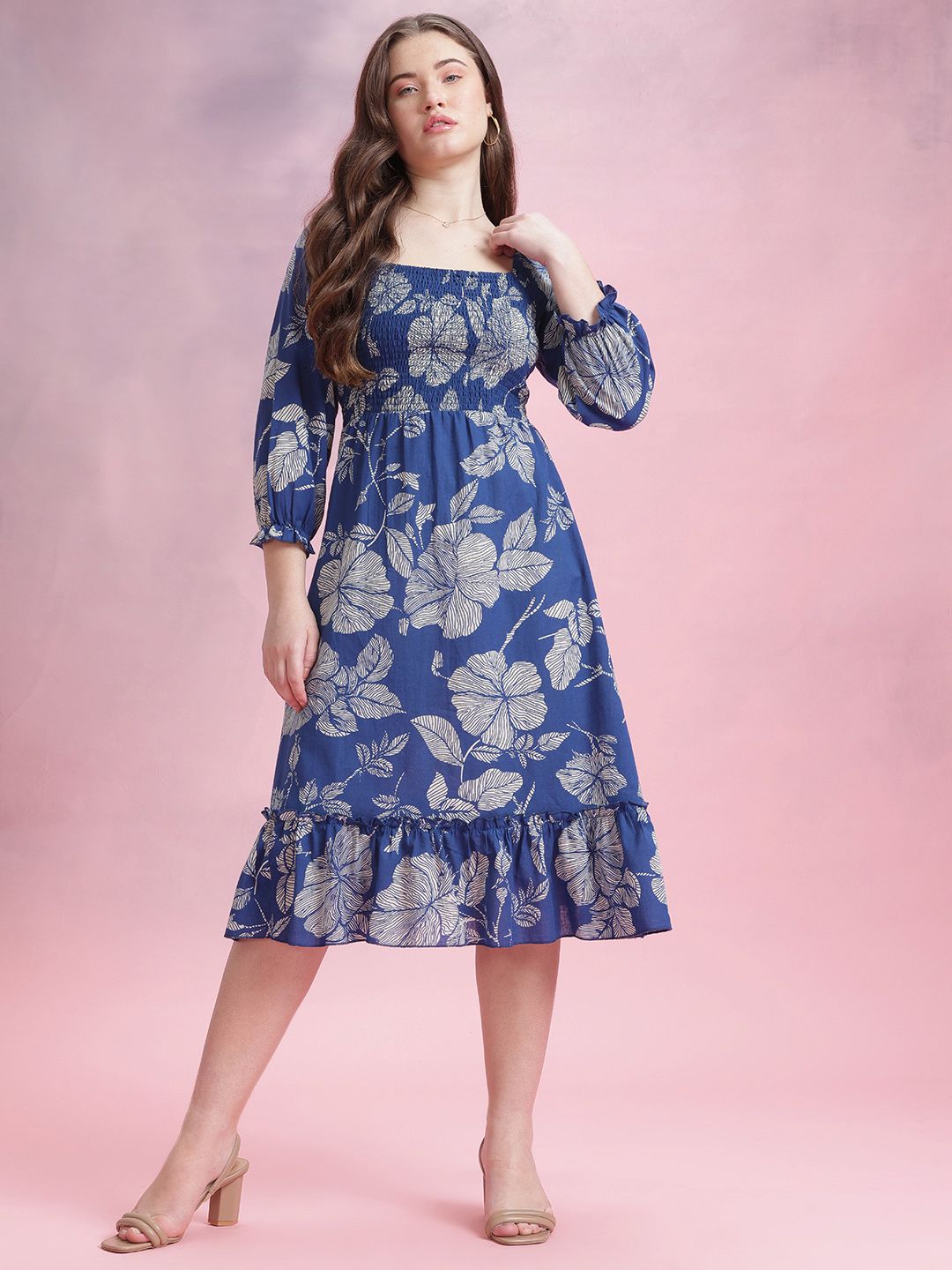DressBerry Floral Print Gathered Detail Smocked Effect Cotton-Linen Midi A-Line Dress