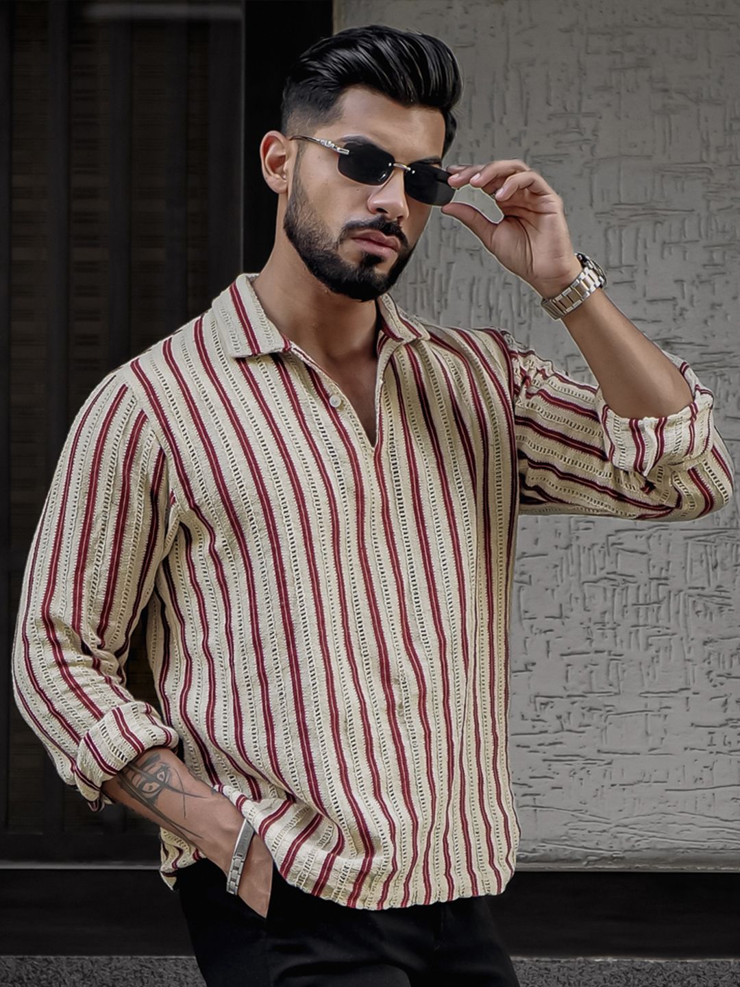 Powerlook Men Spread Collar Vertical Striped Casual Shirt