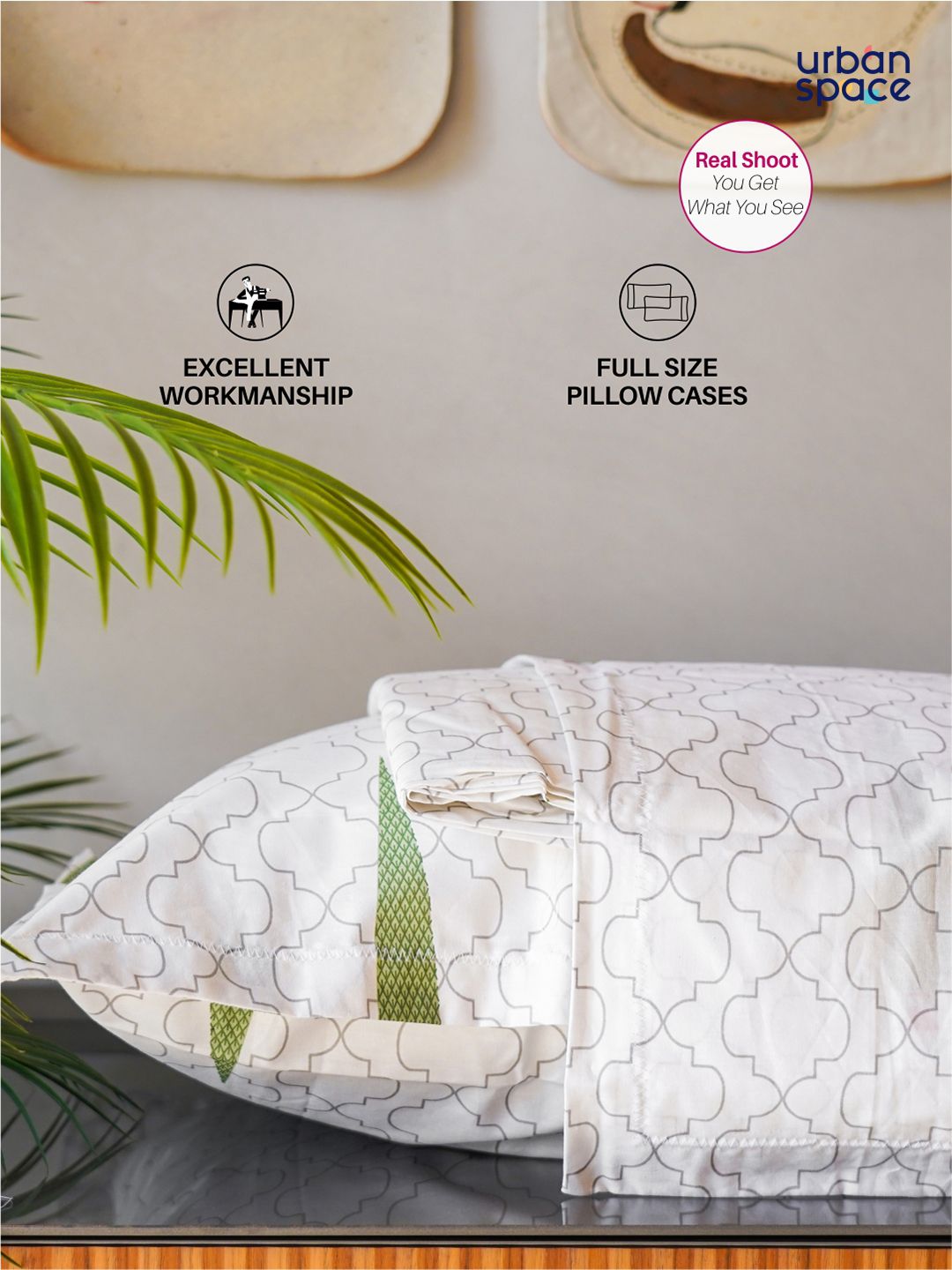 URBAN SPACE Pinewood White & Green Pure Cotton 200 TC Queen Bedsheet with 2 Pillow Covers