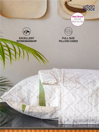 URBAN SPACE Pinewood White & Green Pure Cotton 200 TC Queen Bedsheet with 2 Pillow Covers