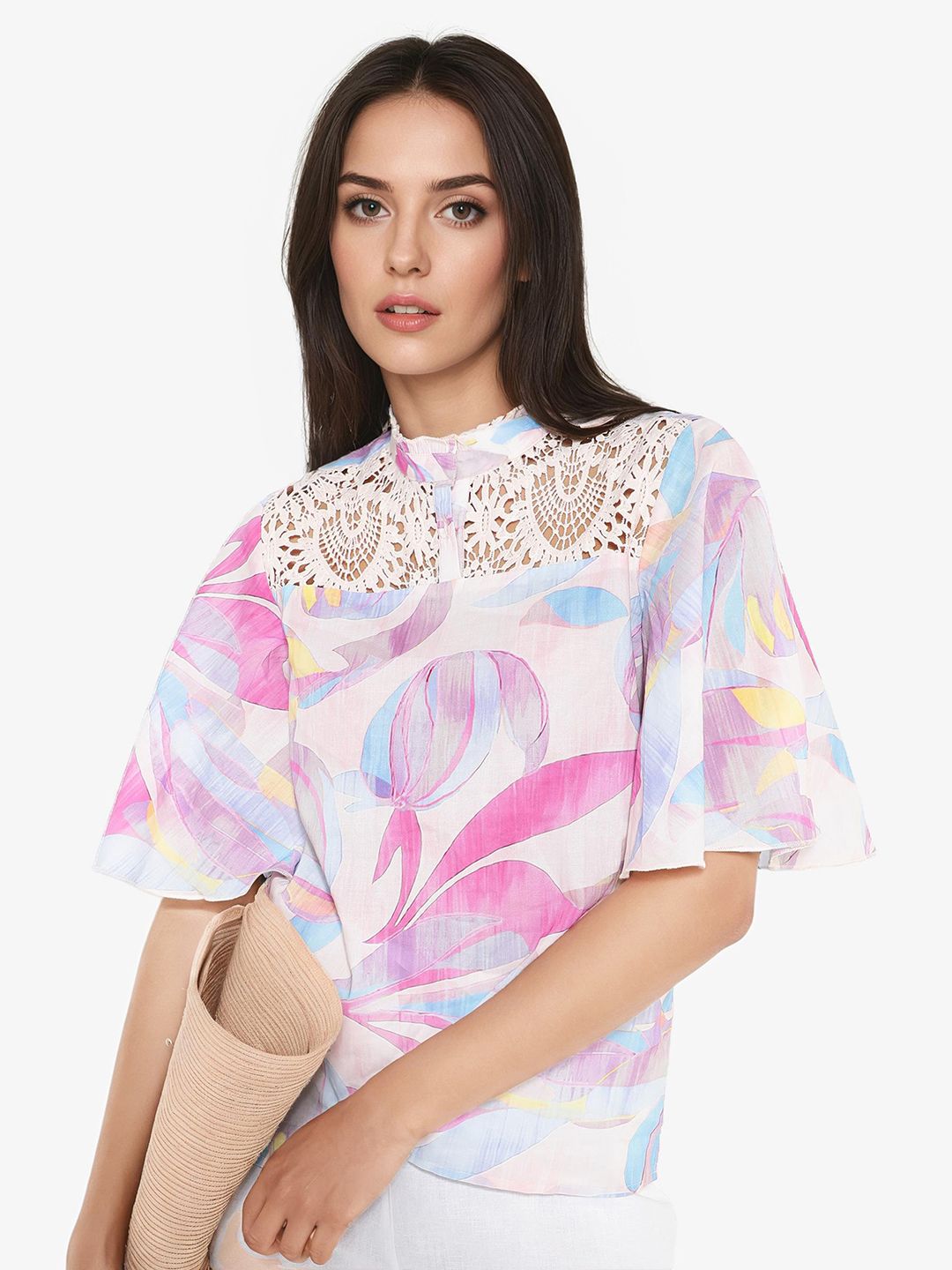 RAREISM High Neck Floral Print Flared Sleeve Cotton Top