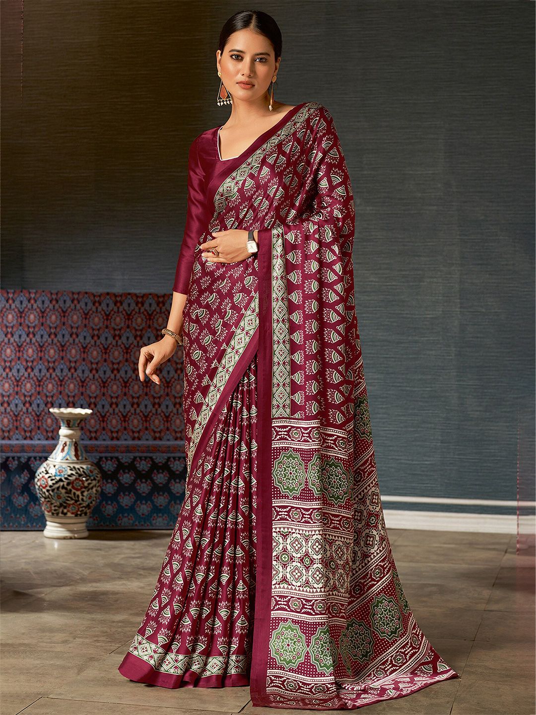 Saree mall Magenta Ajrak Block Printed Poly Crepe Saree