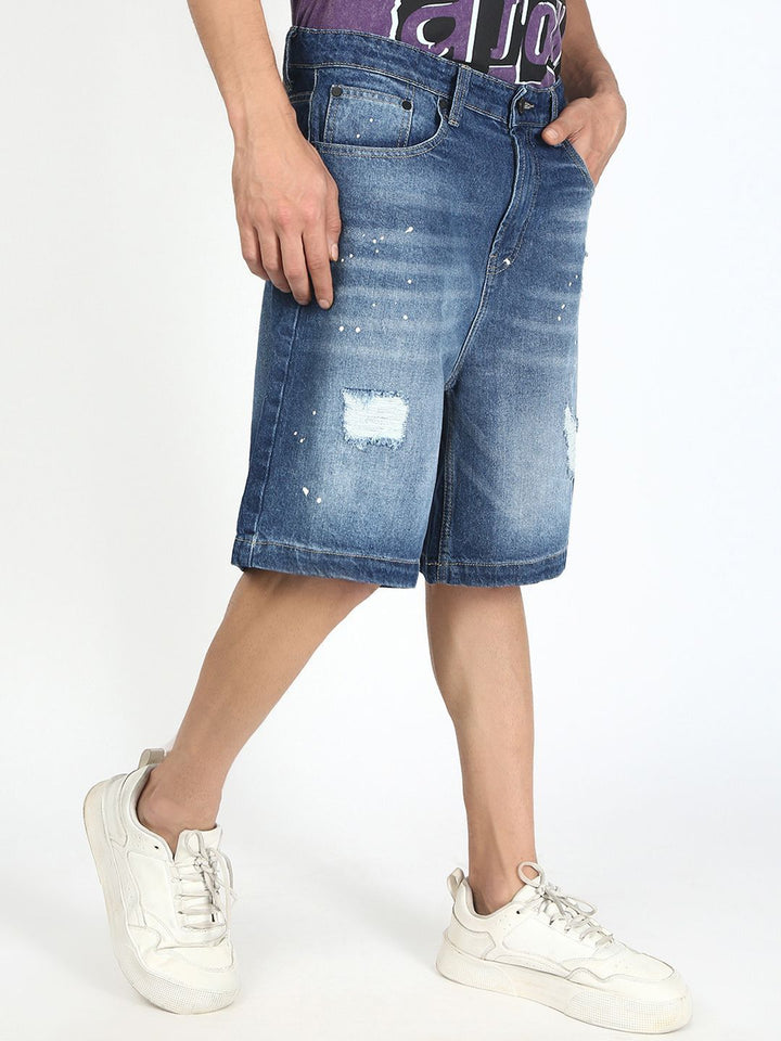Bene Kleed Men Baggy Fit Paint Splatter Distressed Denim Shorts