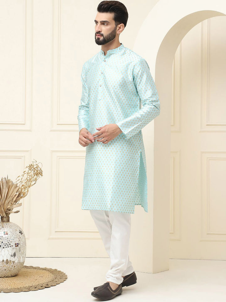 SOJANYA Ethnic Motifs Printed Mandarin Collar Silk Cotton Straight Kurta with Pyjamas