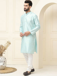 SOJANYA Ethnic Motifs Printed Mandarin Collar Silk Cotton Straight Kurta with Pyjamas