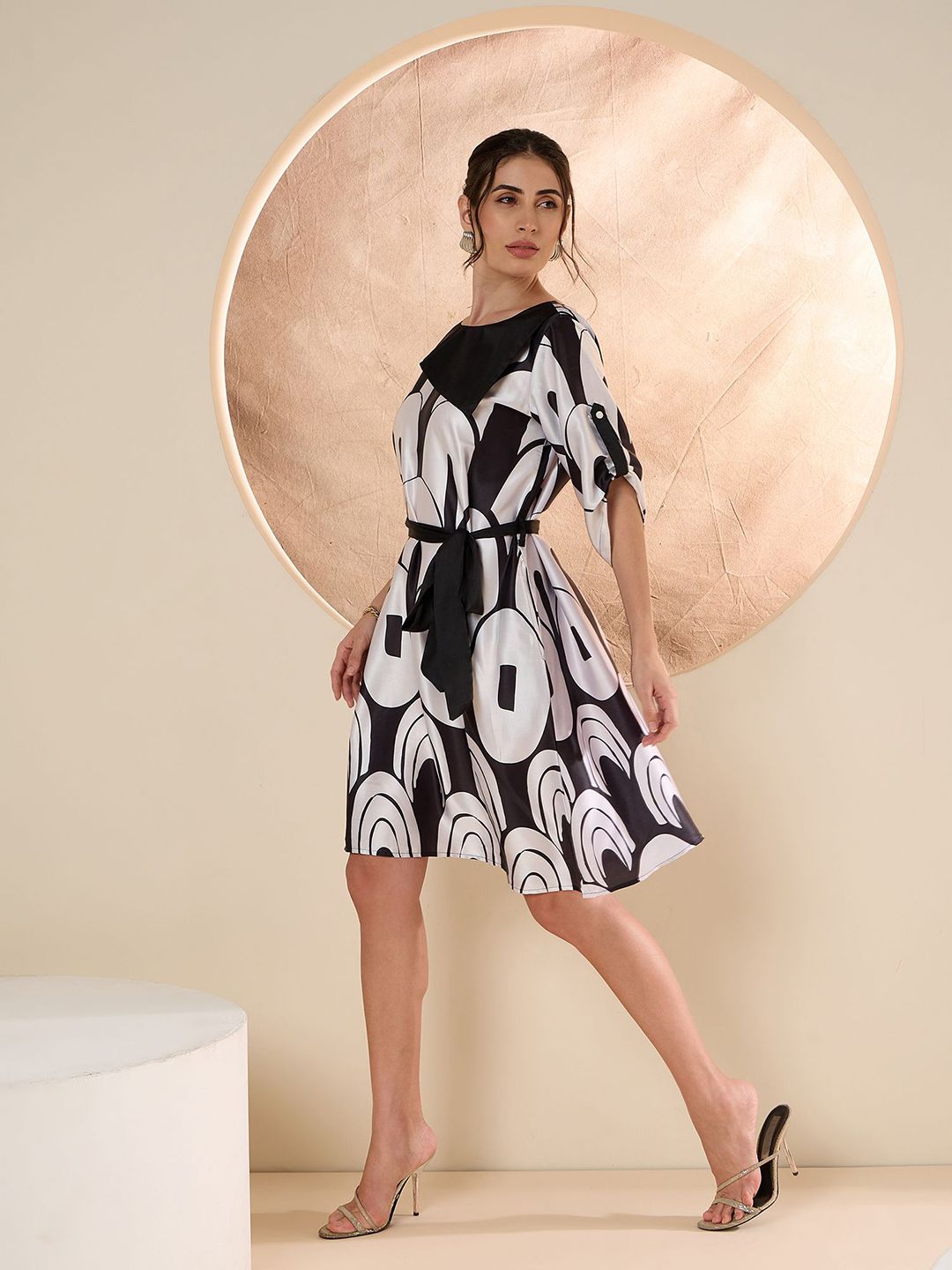 Antheaa Print Layered Satin Fit & Flare Dress