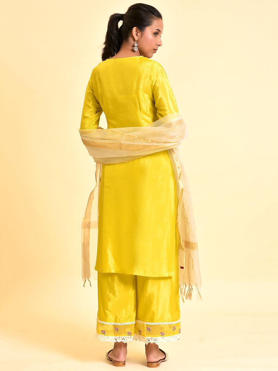 W Floral Yoke Design Thread Work Kurta with Palazzos & Dupatta