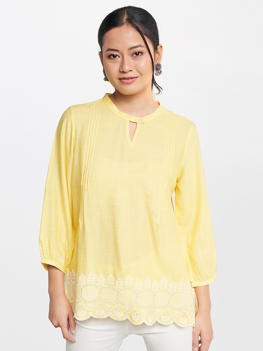 Global Desi Keyhole Neck Embroidered Top