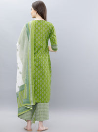 Vishudh Women Green & White Printed Kurti with Palazzos & Dupatta
