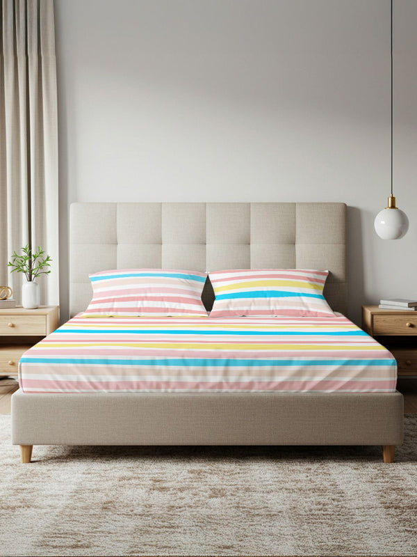 URBAN SPACE Pink & Yellow Striped 200 TC Queen Bedsheet with 2 Pillow Covers