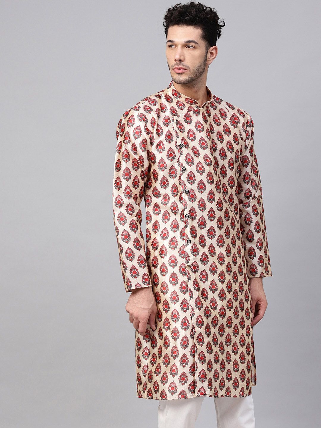 SOJANYA Men Red & Beige Printed Straight Kurta
