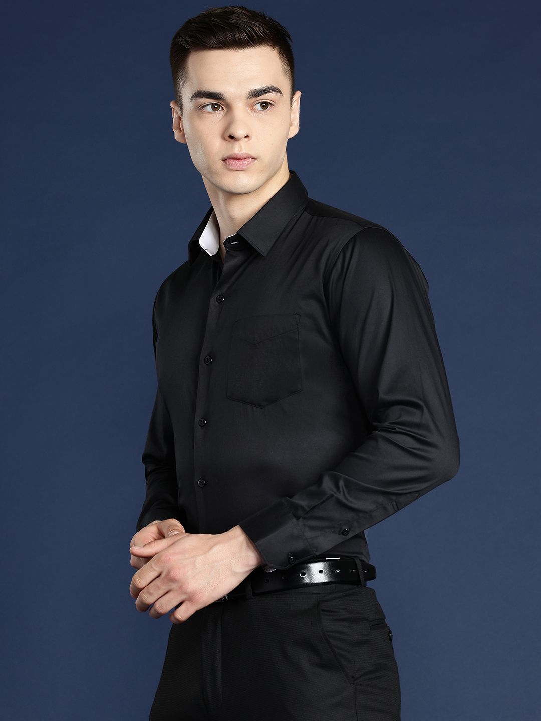 Hancock Men Black Solid Slim Fit Pure Cotton Satin Tuxedo Formal Shirt