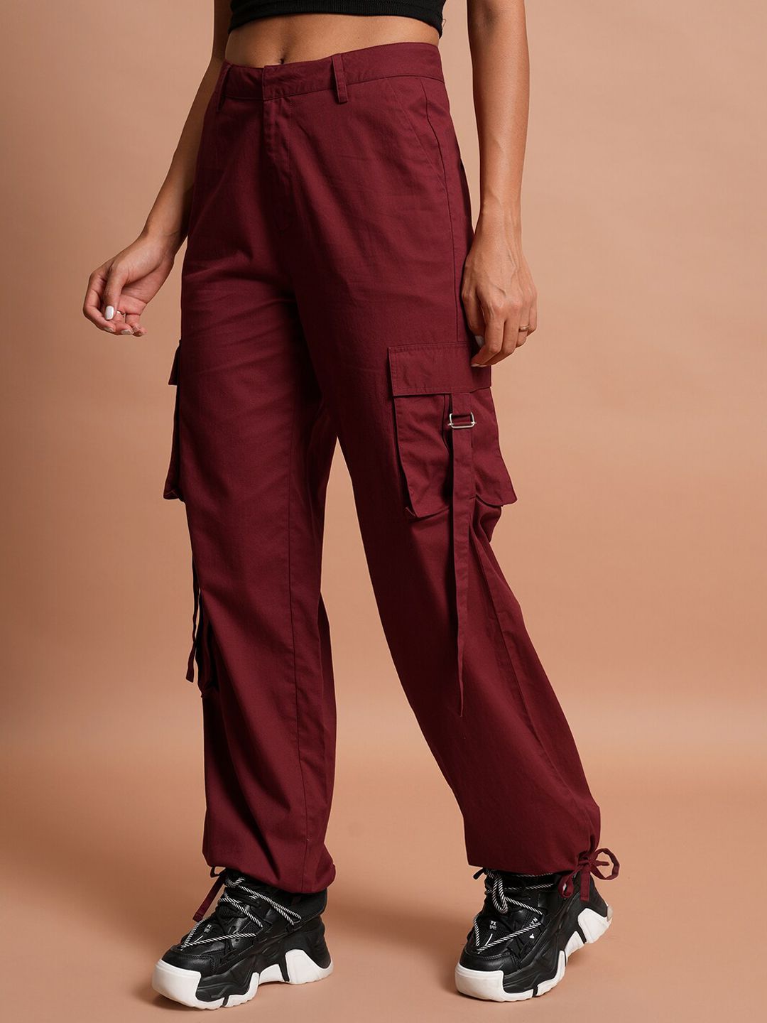 Tokyo Talkies Women Maroon Flared High Rise Cotton Cargos Trousers