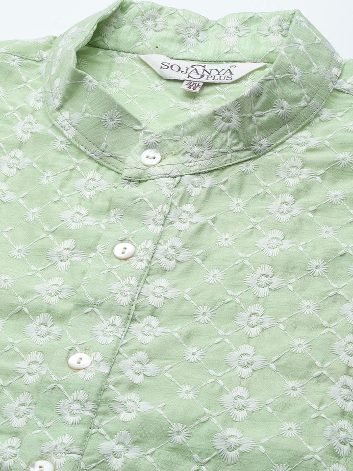 SOJANYA PLUS Men Sea Green Chikankari Embroidered Kurta with Churidar & Nehru Jacket