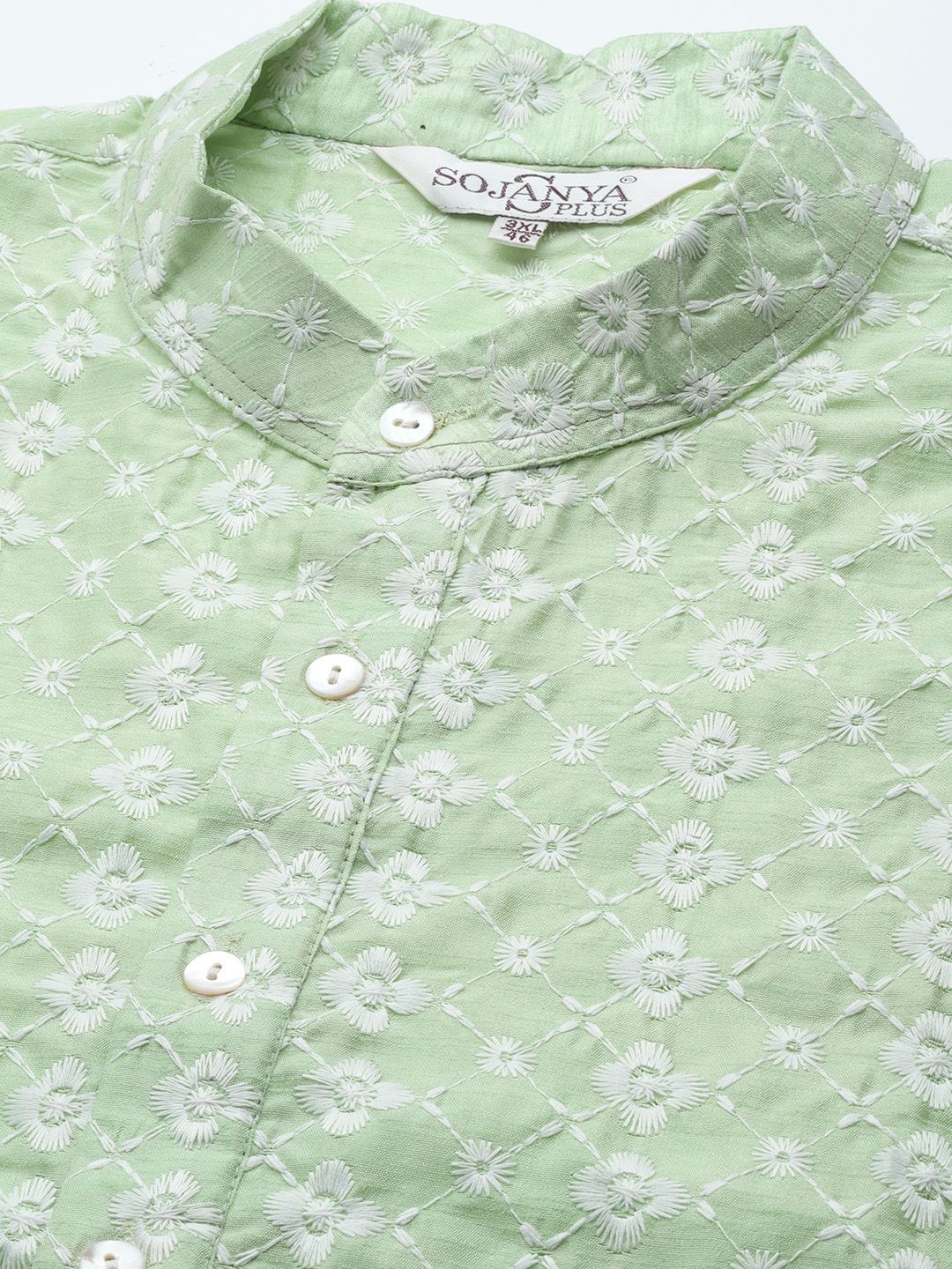 SOJANYA PLUS Men Sea Green Chikankari Embroidered Kurta with Churidar & Nehru Jacket