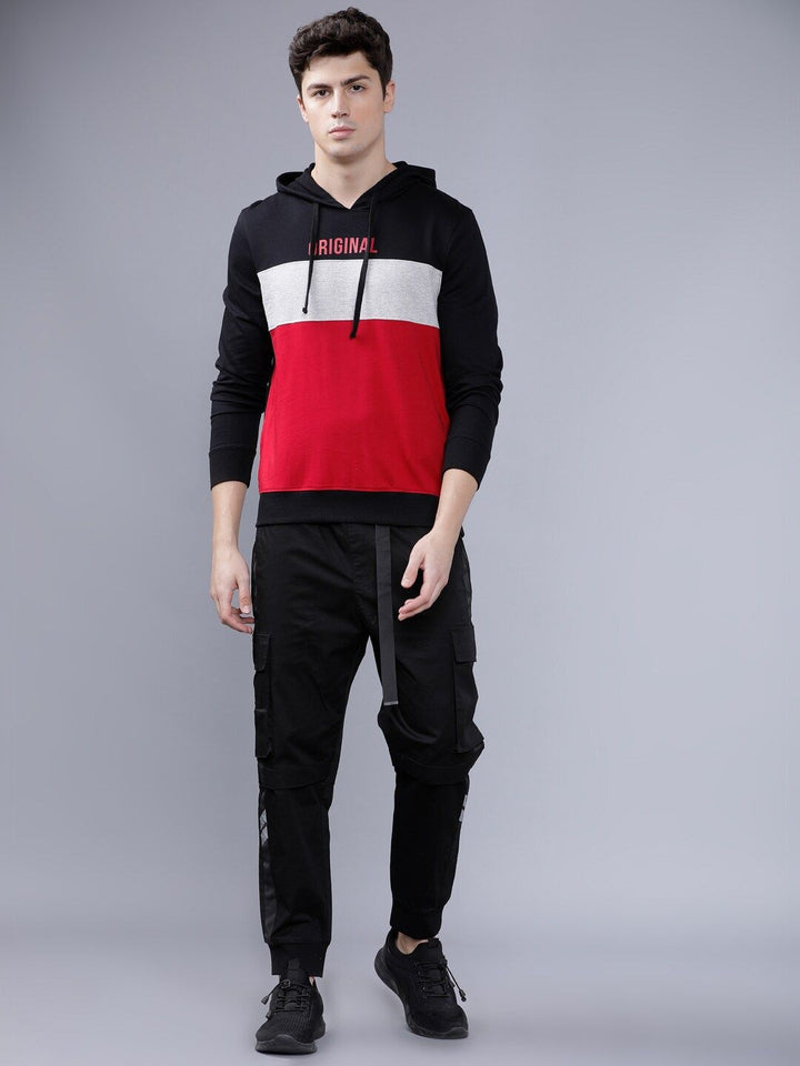 The Indian Garage Co Men Black & Red Colourblocked Hooded Sweatshirt
