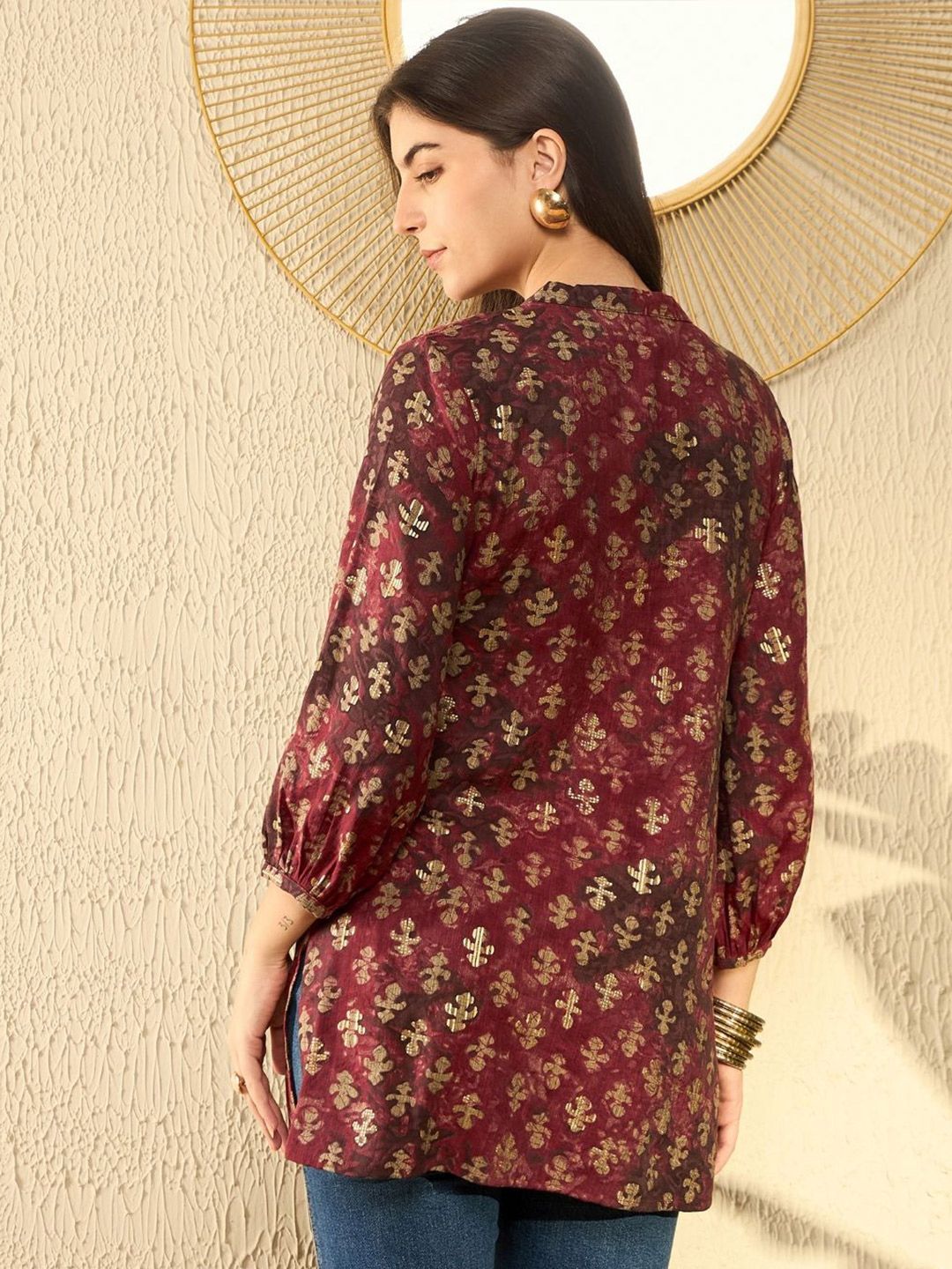KALINI Floral Print Mandarin Collar Top