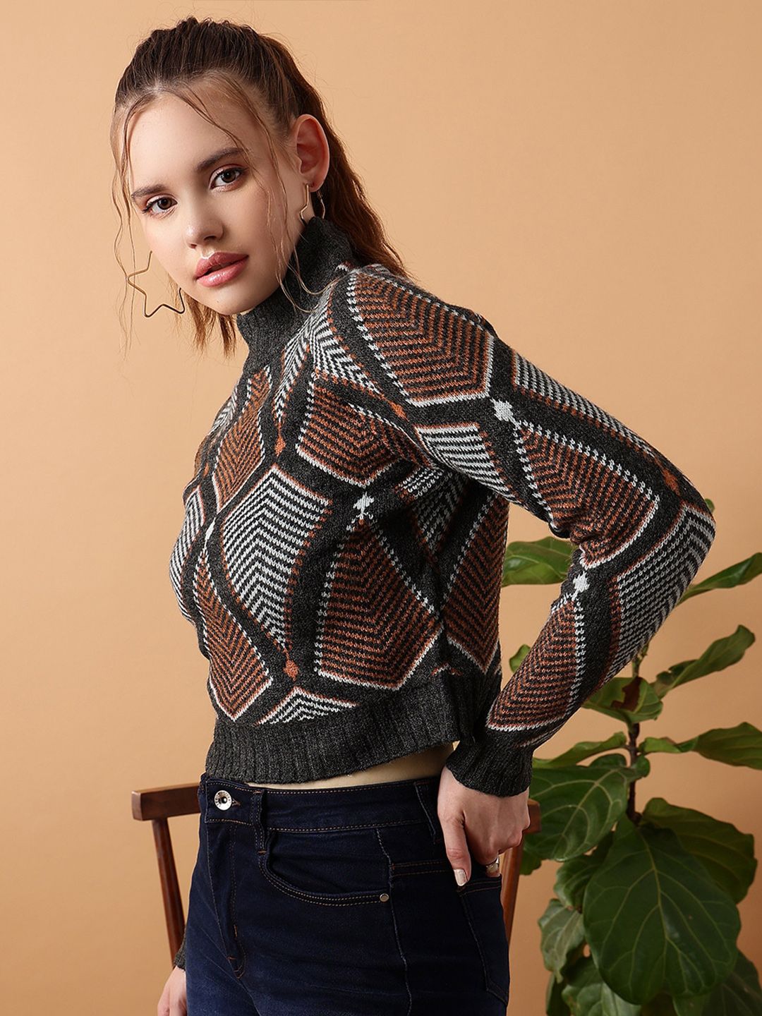 STREET 9 Geometric Printed Turtle Neck Crop Acrylic Pullover Sweater