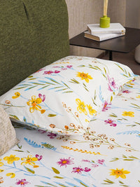 URBAN SPACE Yellow & White Floral Cotton 200 TC Single Bedsheet with 1 Pillow Covers