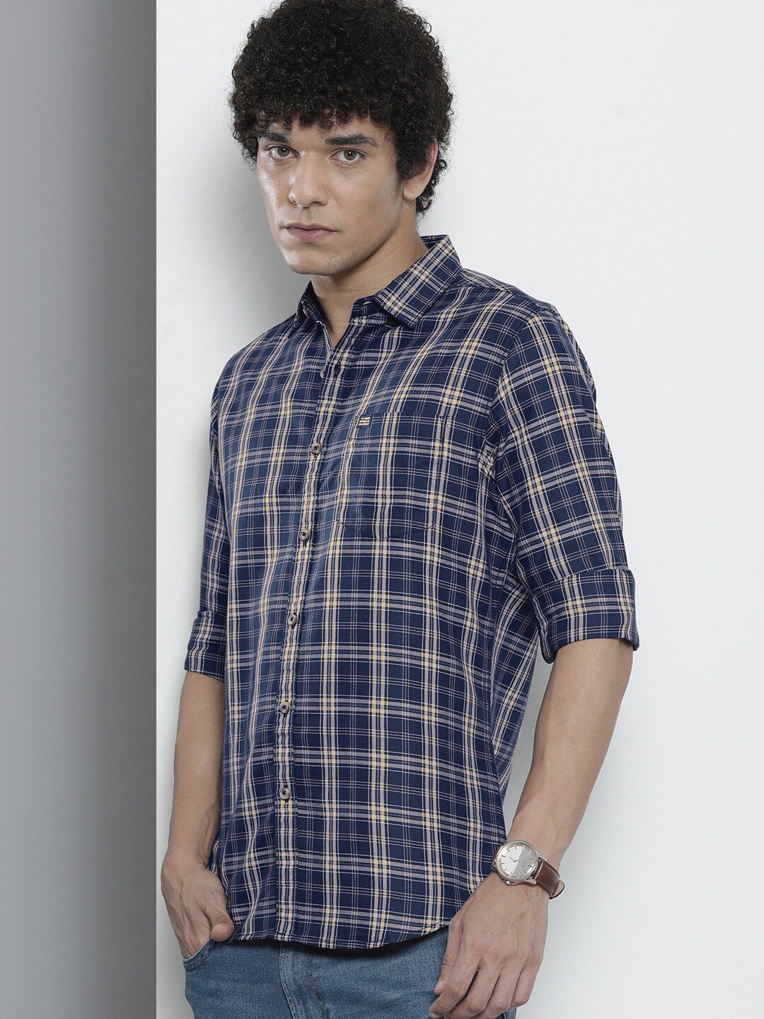 The Indian Garage Co Men Navy Blue Checked Casual Shirt