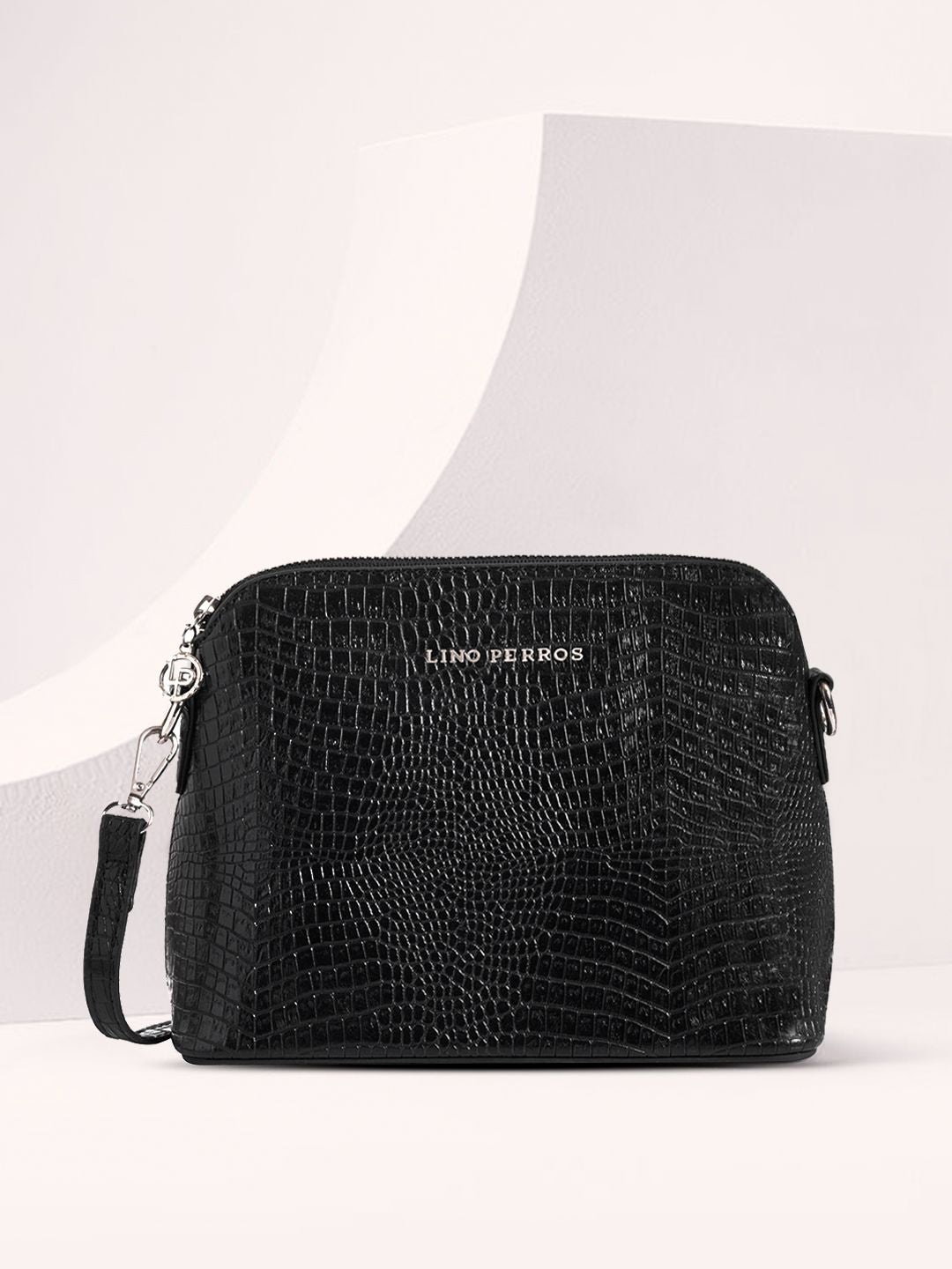 Lino Perros Women Black Croc-Textured Structured Sling Bag