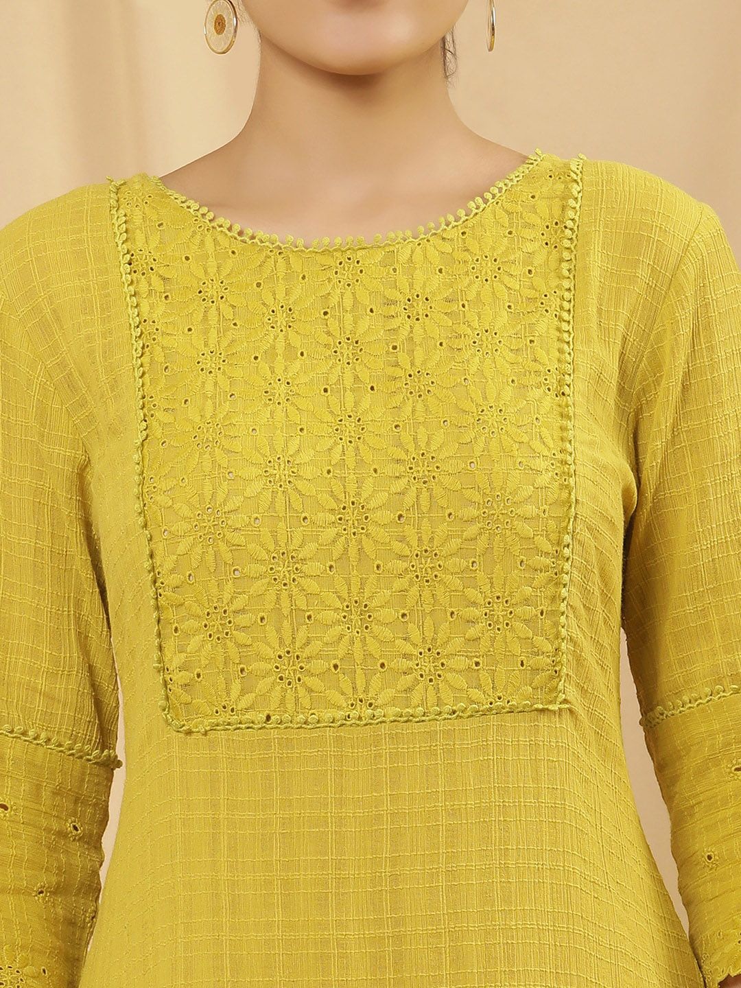 W Yellow Floral Yoke Design Thread Work Pure Cotton Straight Kurta