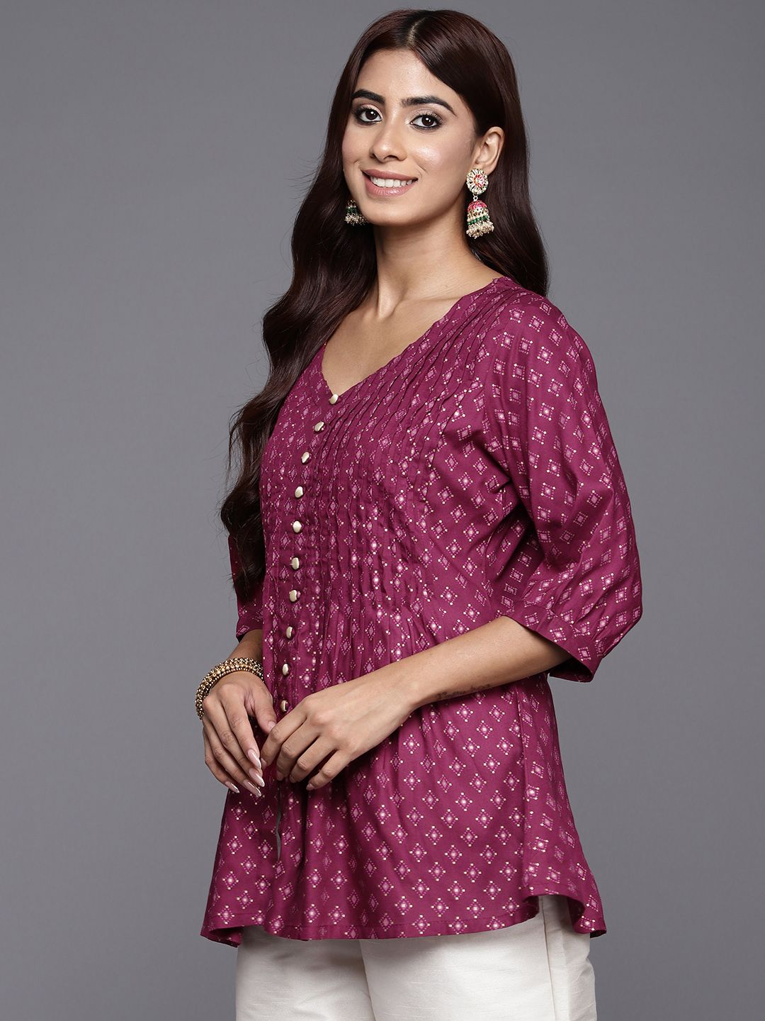 Libas Magenta & Beige Geometric Printed V-Neck Pleated Kurti