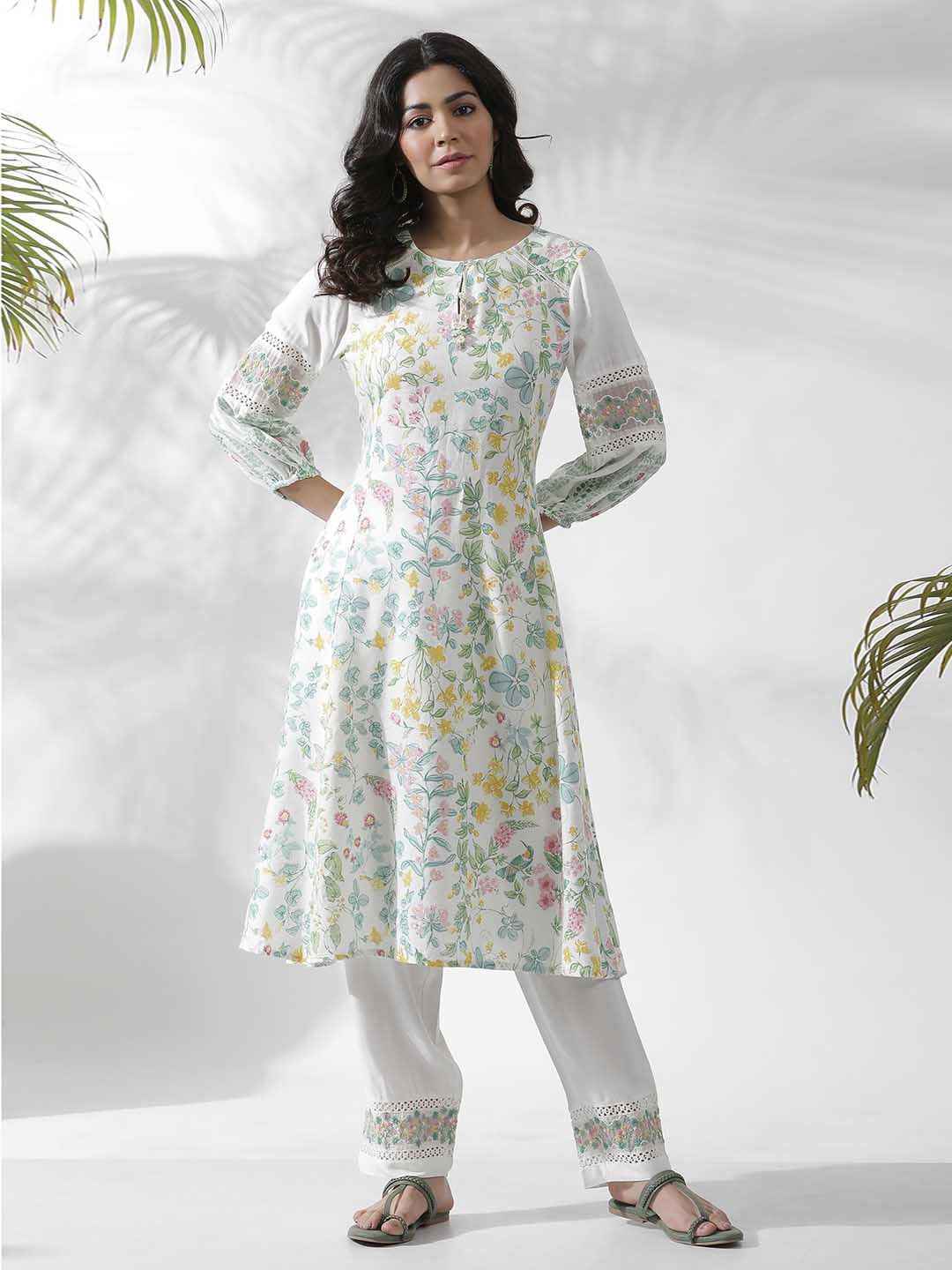 W Floral Printed Keyhole Neck Puff Sleeves A-Line Kurta