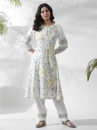 W Floral Printed Keyhole Neck Puff Sleeves A-Line Kurta