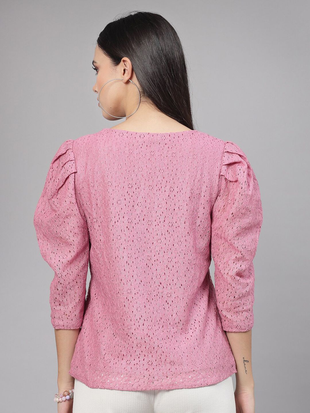 Style Quotient Schiffli Puff Sleeve Cotton Regular Top