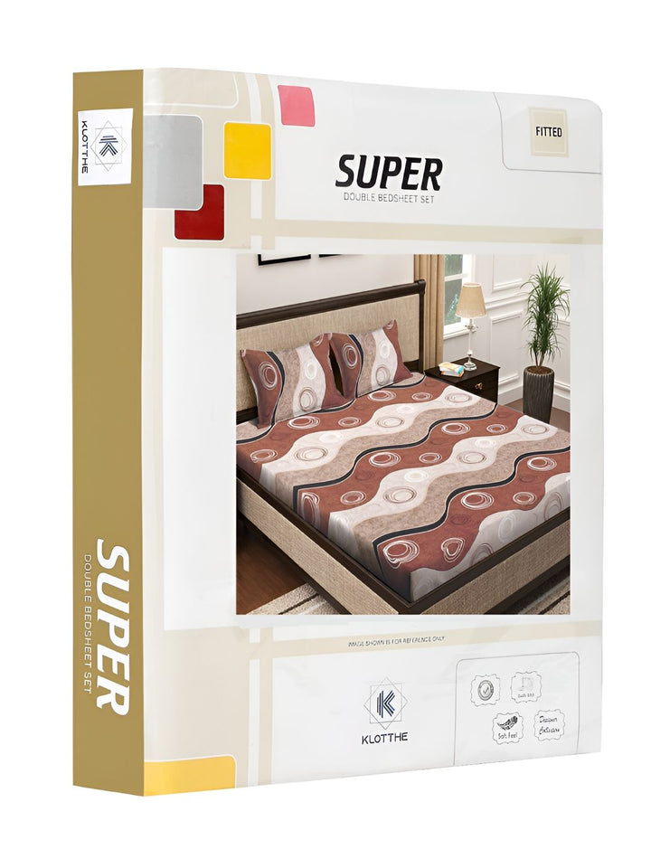 KLOTTHE Brown & Cream Geometric Printed 300 TC Fitted King Bedsheet With 2 Pillow Cover